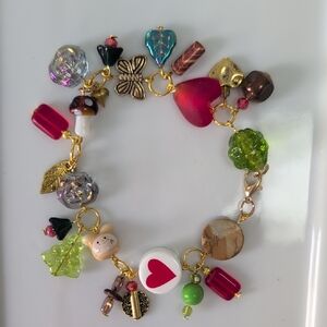 Handmade Forrest Theme Glass & Ceramic Beaded Charm Bracelet 7.5"